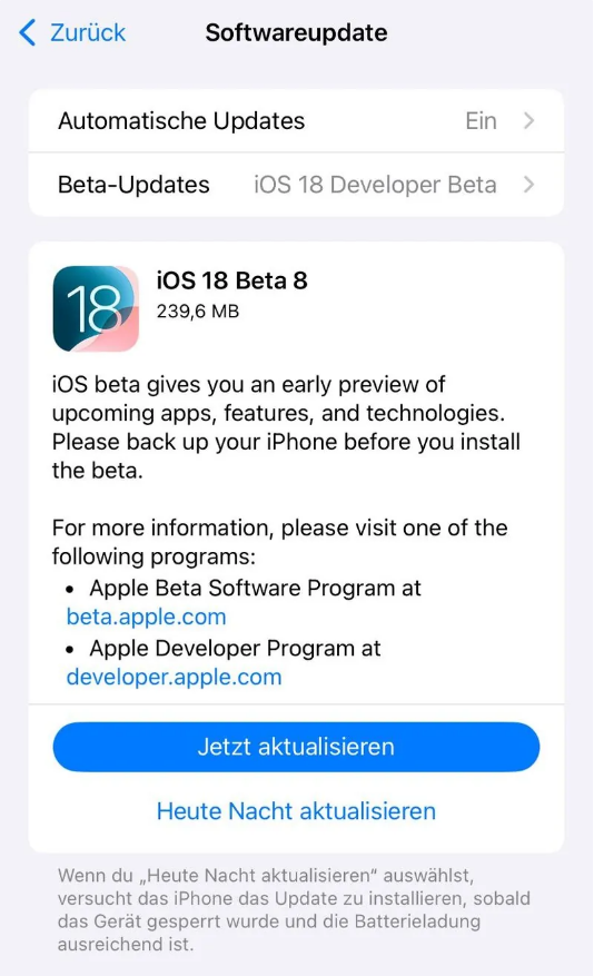 紫金苹果手机维修分享苹果 iOS / iPadOS 18 开发者预览版 Beta 8 发布 